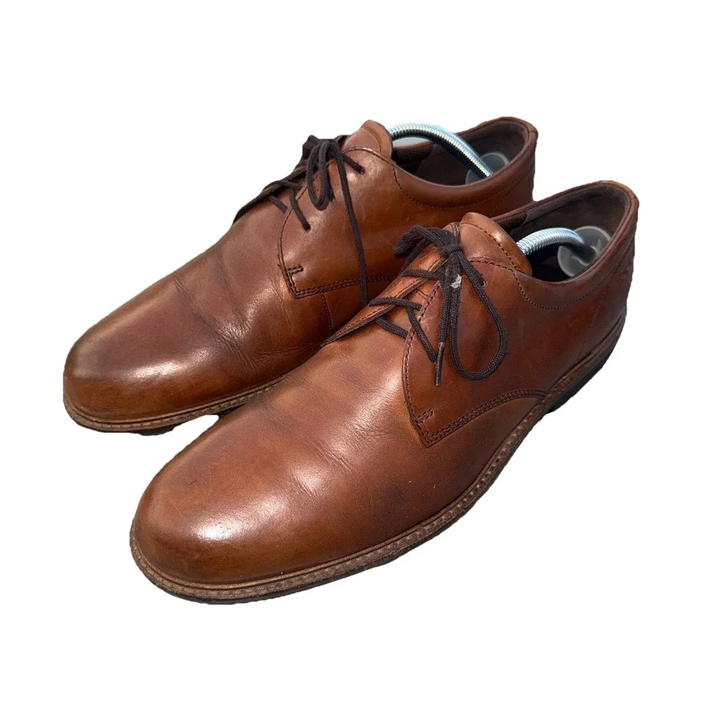 Ecco Mens Size EU 44 Brown Leather‎ Oxford Dress Shoes Lace Up Extra Width